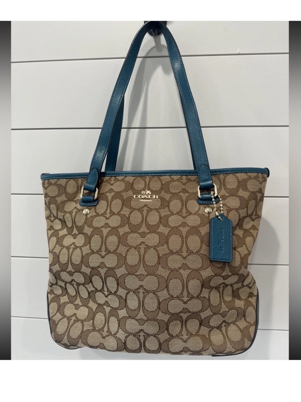 Coach F55364 Khaki and Teal Blue Outline Signature Canvas Zip Tote